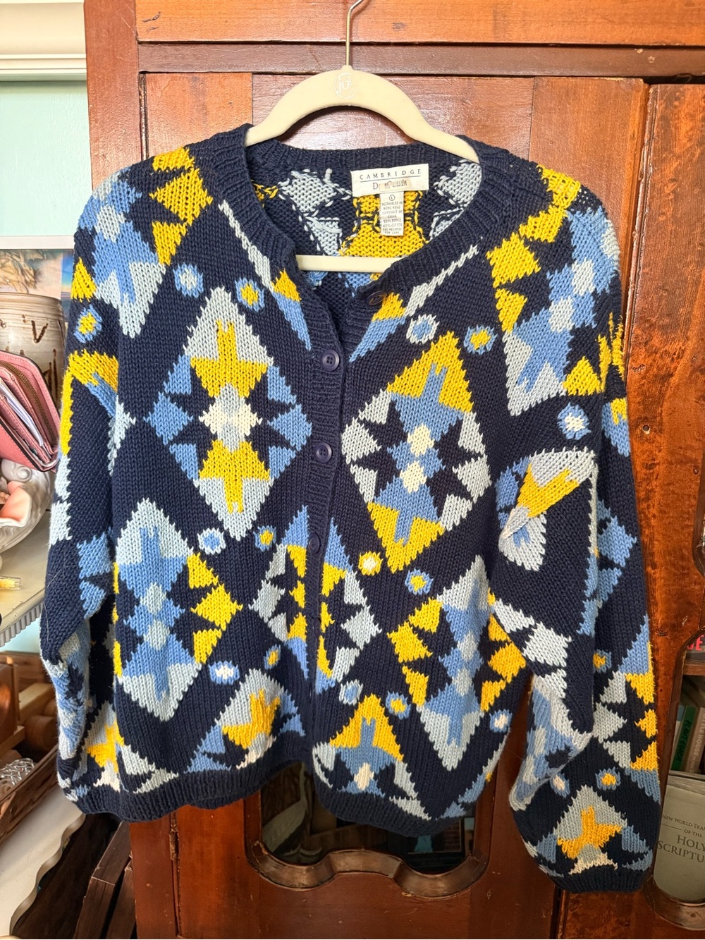 Cambridge Dry Goods Navy Geometric Button Cardigan with Yellow and Light Blue